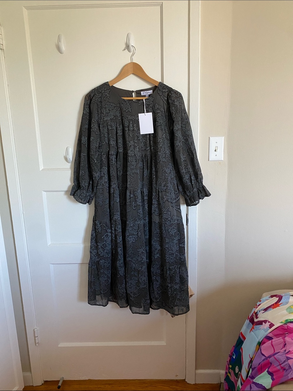 Polagram Tiered Ruffle Velvet Smocked Dress in Charcaol Gray